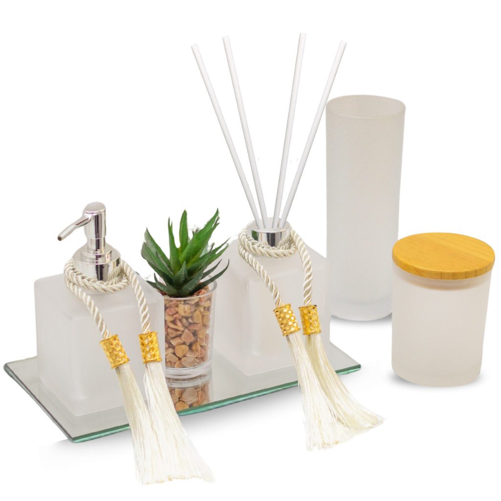 Kit Lavabo Luxo De Vidro C/ Difusor Aromatizador, Saboneteira C/10 Pcs  Vidro&decor