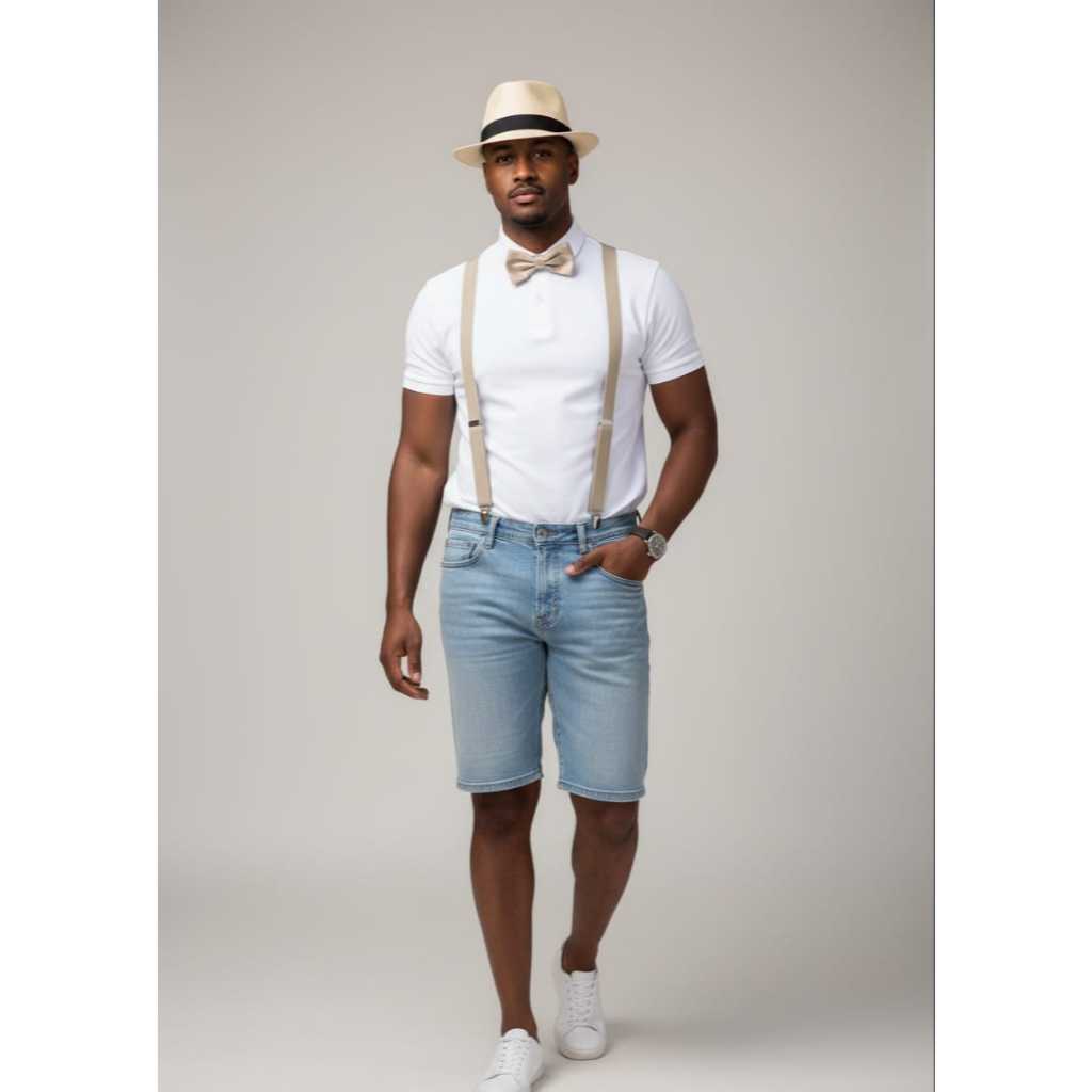 kit masculino sempre na moda chapéu Panamá mais suspensório ajustável adulto bege