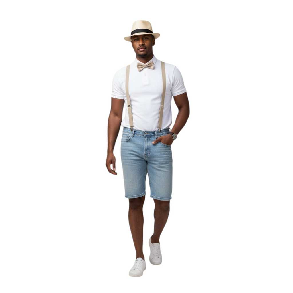 Kit Look Completo Masculino Retrô: Suspensório, Gravata Borboleta e Chapéu Panamá