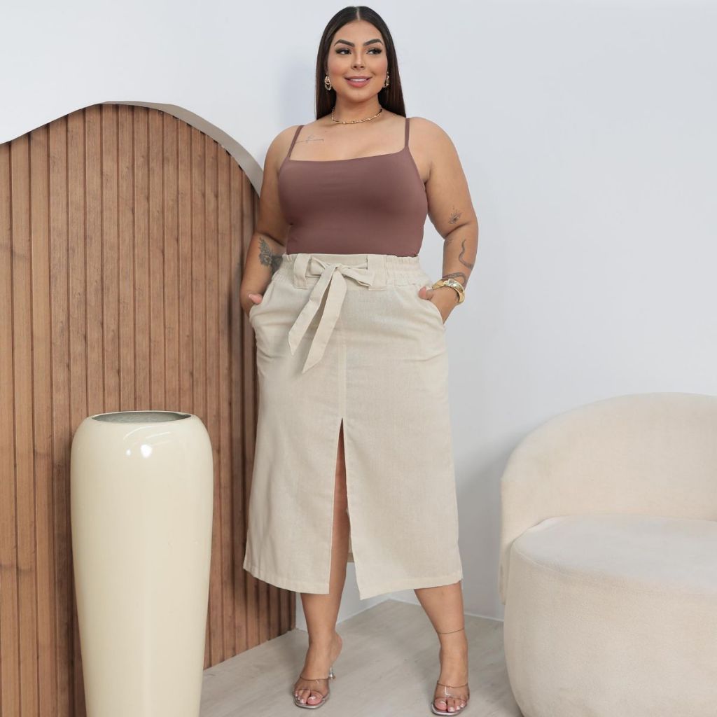 Saia Midi Plus Size com Fenda Frontal e Faixa Cintura Alta Elegante em Oferta na Shopee
