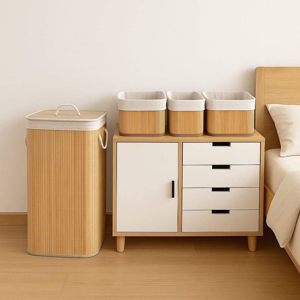 Cesto de Roupa 70L + kit 3 Cesto Organizador Lavanderia Bambu Dobrável Cesto Para Banheiro Com Tampa