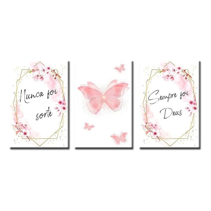 Kit 3 peças Quadros decorativos 20x30 MDF Borboleta Frases Religiosas Nunca Foi Sorte Sempre Foi Deus Decoração Casa Hal