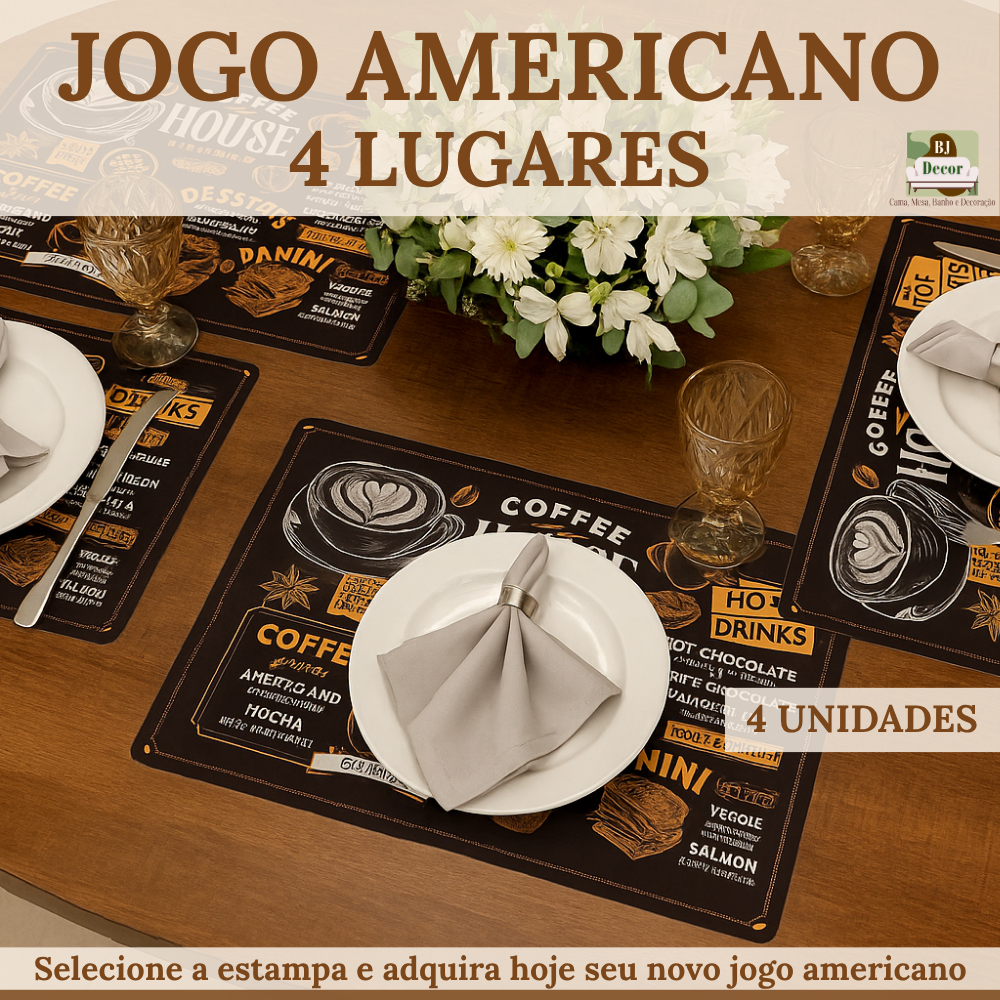 Kit Jogo Americano 4 Lugares - Elegância e Praticidade - Descanso de Copos em Oferta na Shopee