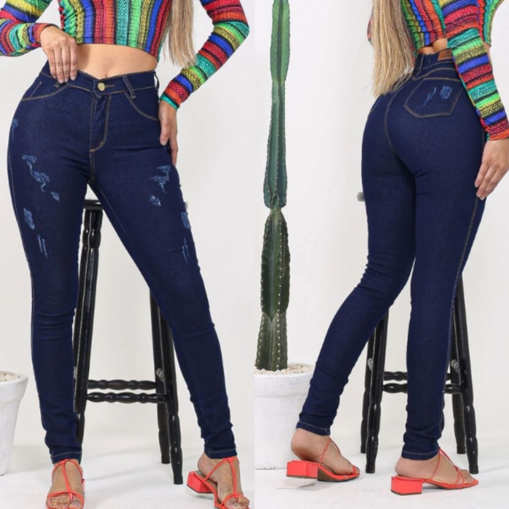 Calça Jeans Feminina com Lycra Elastano Cintura Alta Modelagem Empina Bumbum