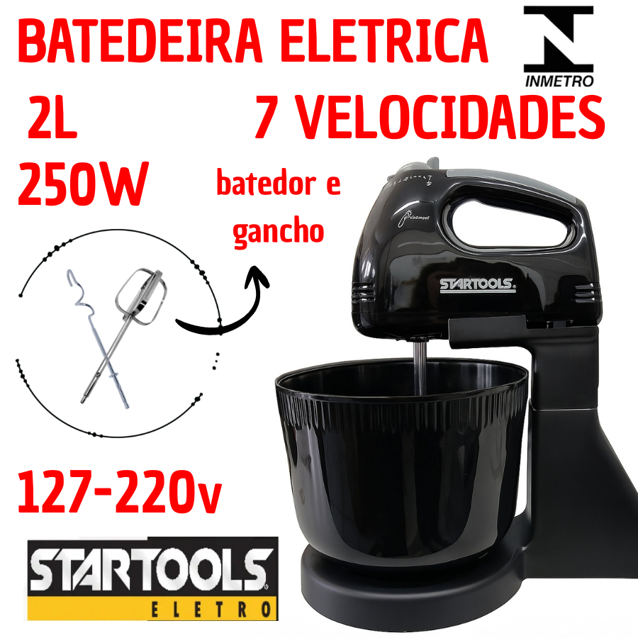 Batedeira Eletrica 2L Prática E Resistente 7 Velocidades 250W 127V Ou 220V Batedor Gancho Potente