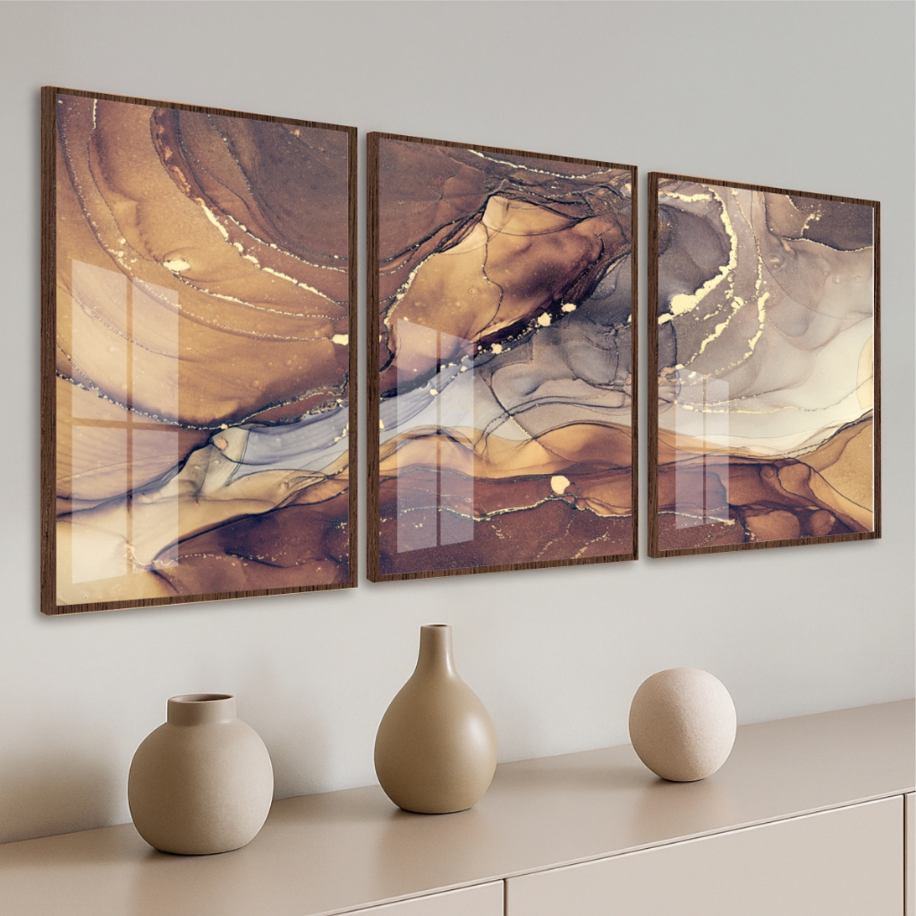 Quadro Moldura e Vidro Kit 3 Peças Grandes Abstrato Mármore Marrom Decoração Quarto Sala Escritório
