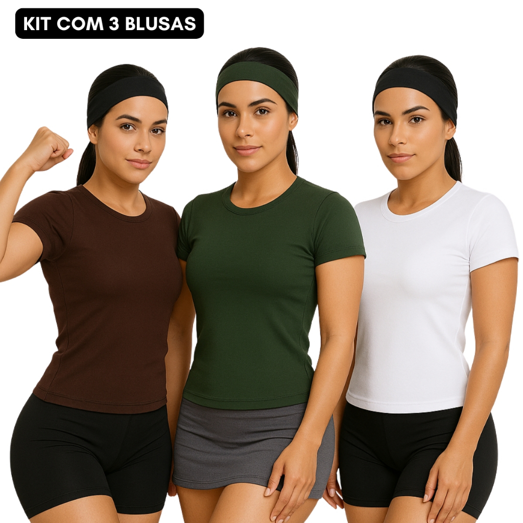 3 Kit Blusa academia dia a dia básica suplex manguinha verão 2026