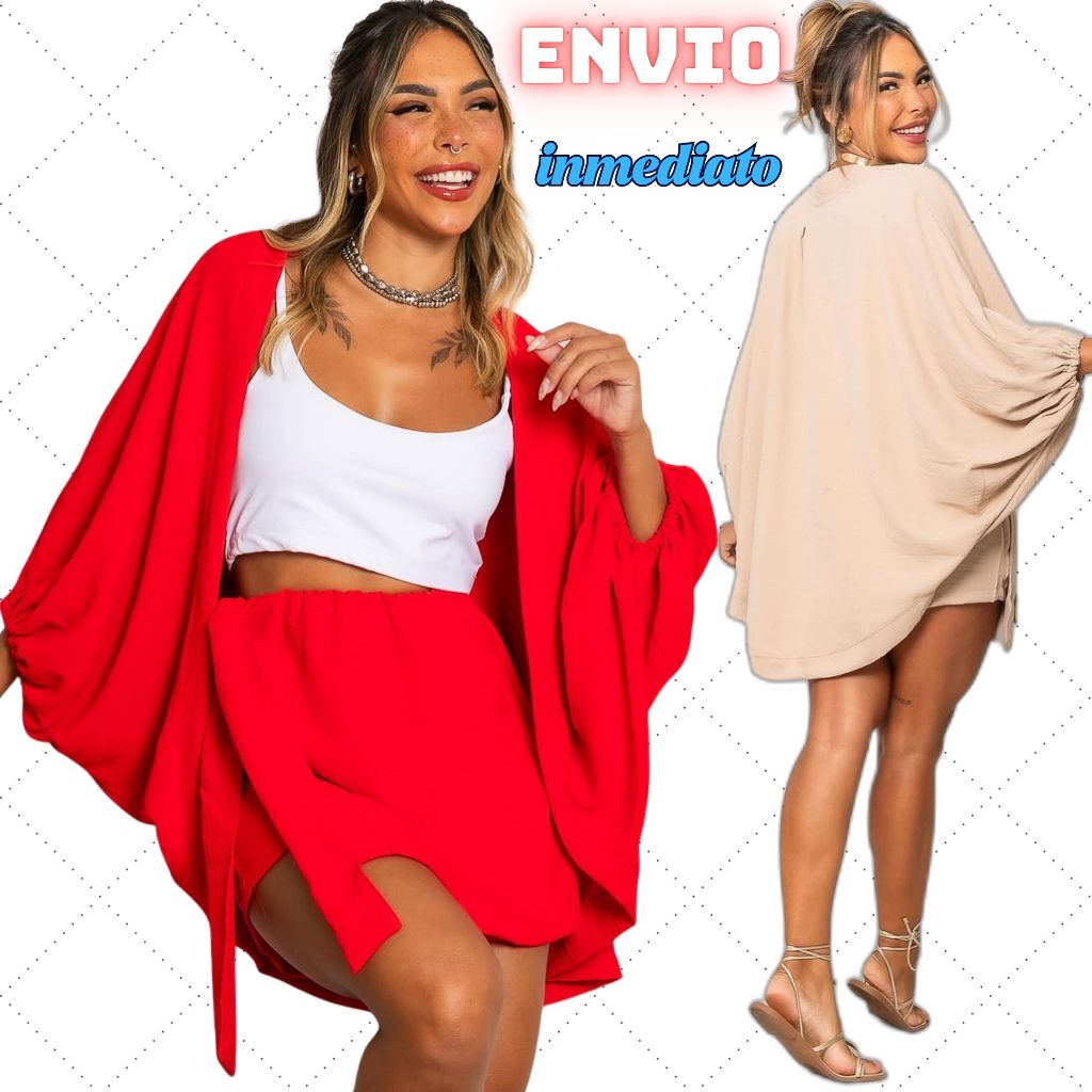 Conjunto 2 Peças Feminino – Kimono Amplo + Shorts Saia Elegante