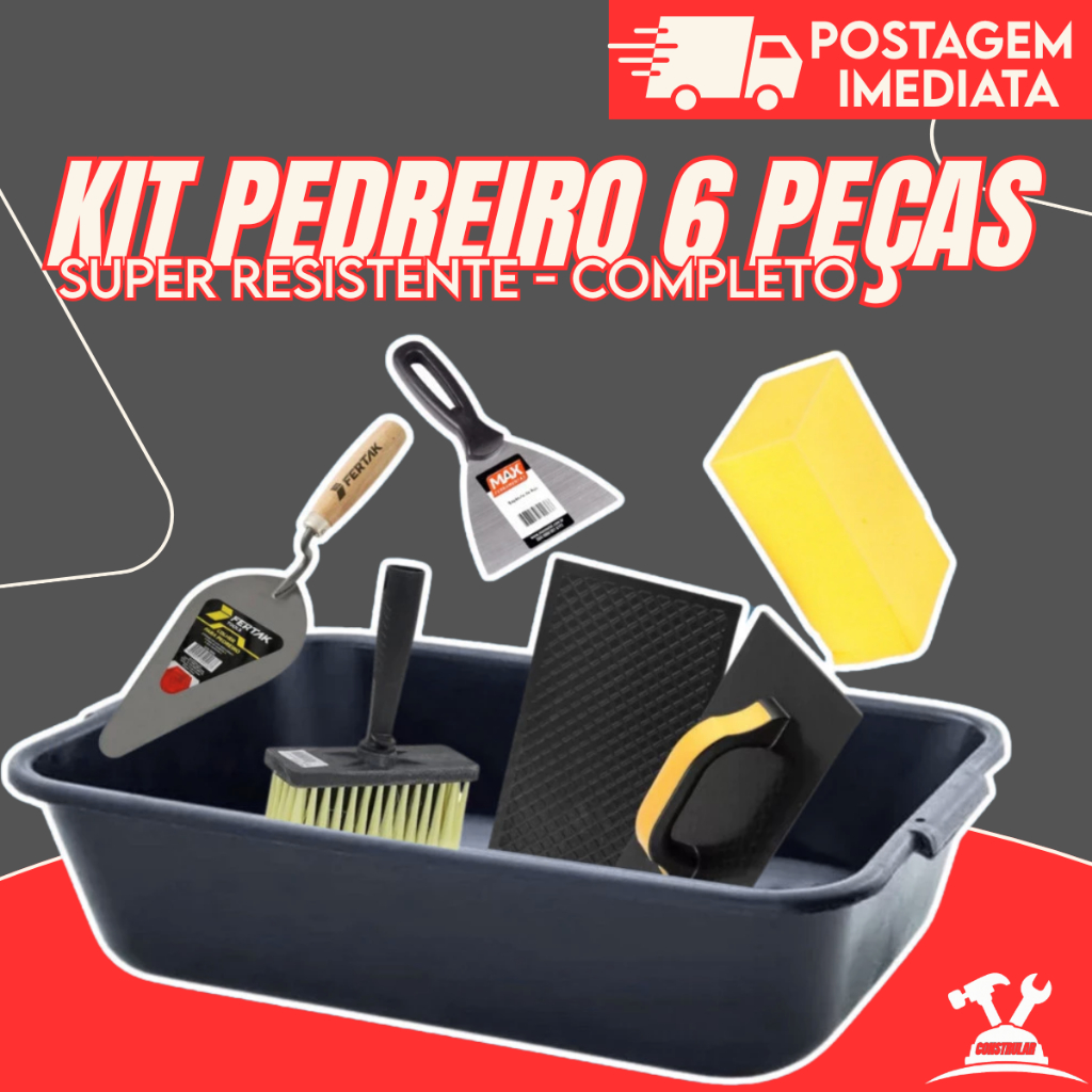 Kit Construção 6 Peças | Masseira 22L + Colher de Pedreiro + Desempenadeira + Acessórios Promoção