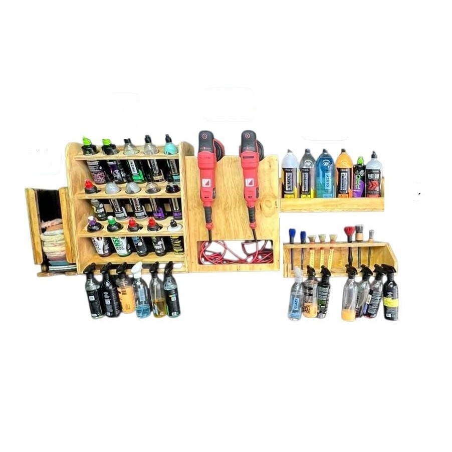 Kit Organizador Suporte para Latas de Spray Borrifadores de 350 a 500ml Linha Detail Politriz Prateleira Boinas Produtos