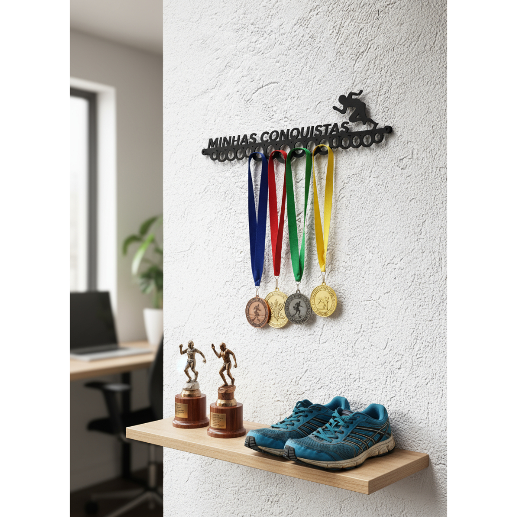 Suporte Porta Medalhas "Minhas Conquistas" em Mdf  - Medalheiro– Atleta Esportista Exiba sua Jornada com Orgulho!