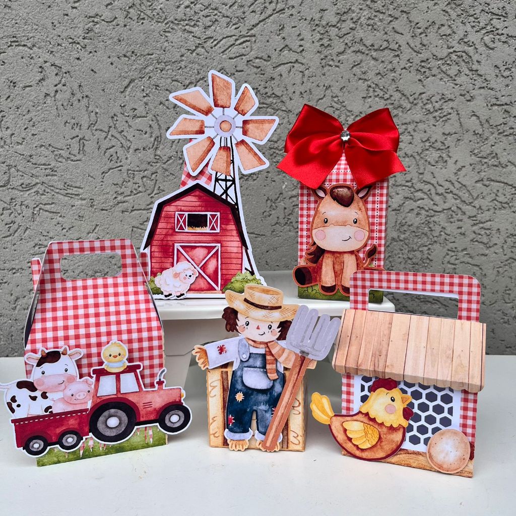 🐔 Kit Caixinhas Personalizadas Fazendinha Vermelha – Lembrancinhas para Festa Infantil