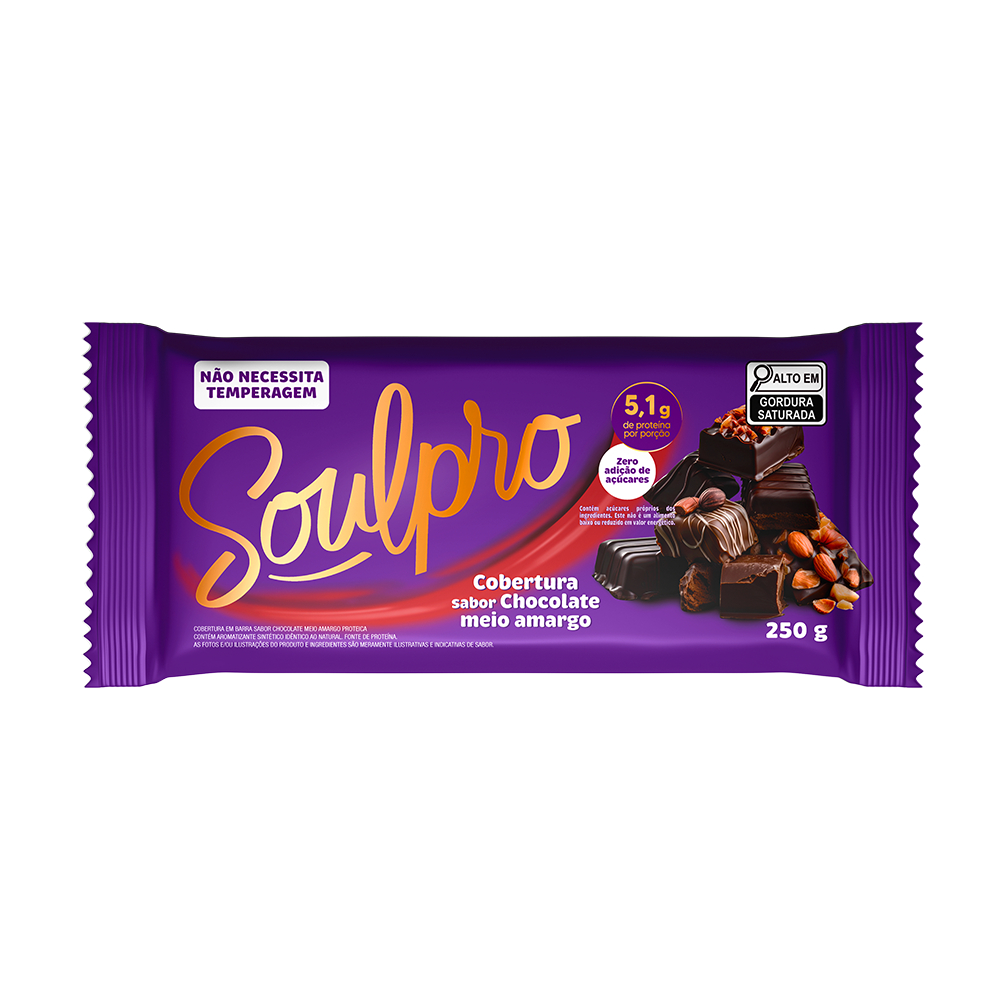 Cobertura Sabor Chocolate Proteico Meio Amargo Zero Açúcar Soulpro 250 g - Sem Glúten