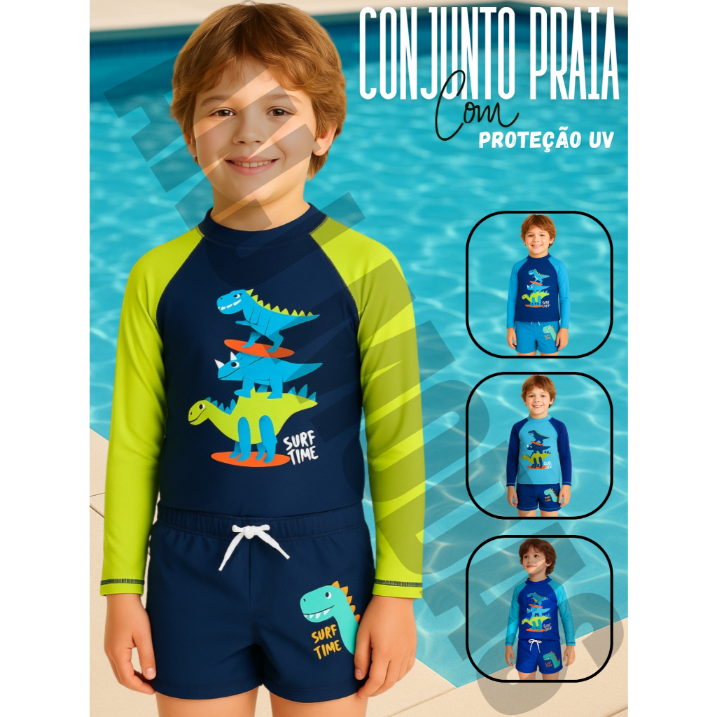Sunga Juvenil Menino infantil Camiseta Uv 50+ Lisa Verão Praia Box