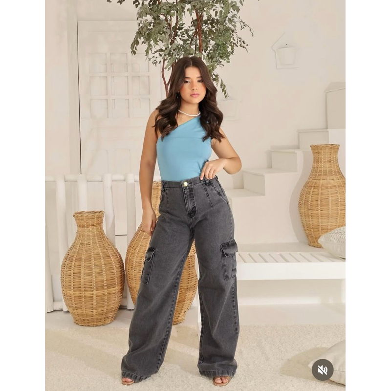 calça jeans cargo cinza marmorizada moda premium juvenil blogueirinha 10 ao 16 anos cintura com elástico em Oferta na Shopee