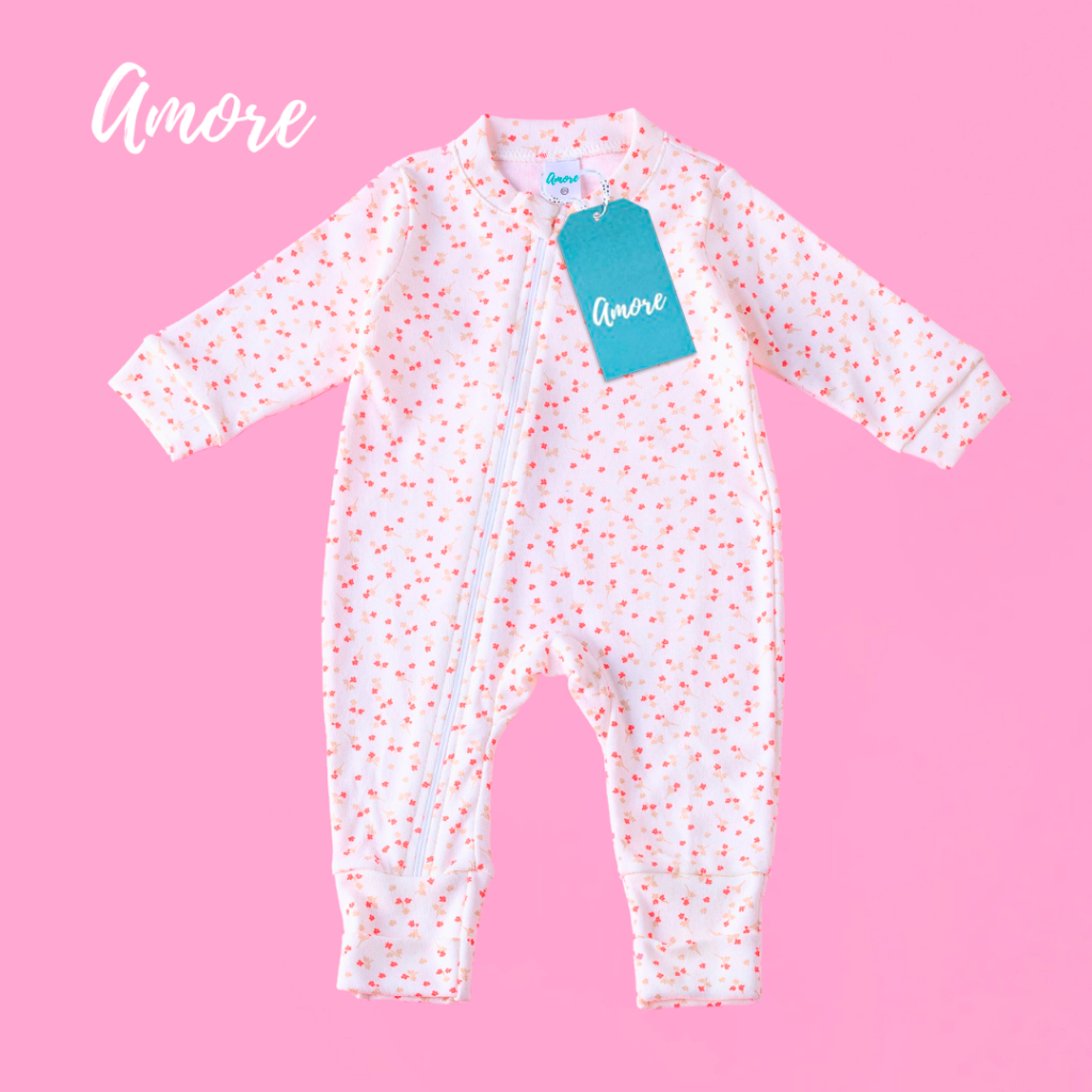 Macacão de Bebê Amore Vira Pé Florzinha Com Zíper e Protetor 100% Algodão
