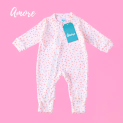 Macacão de Bebê Amore Vira Pé Florzinha Com Zíper e Protetor 100% Algodão