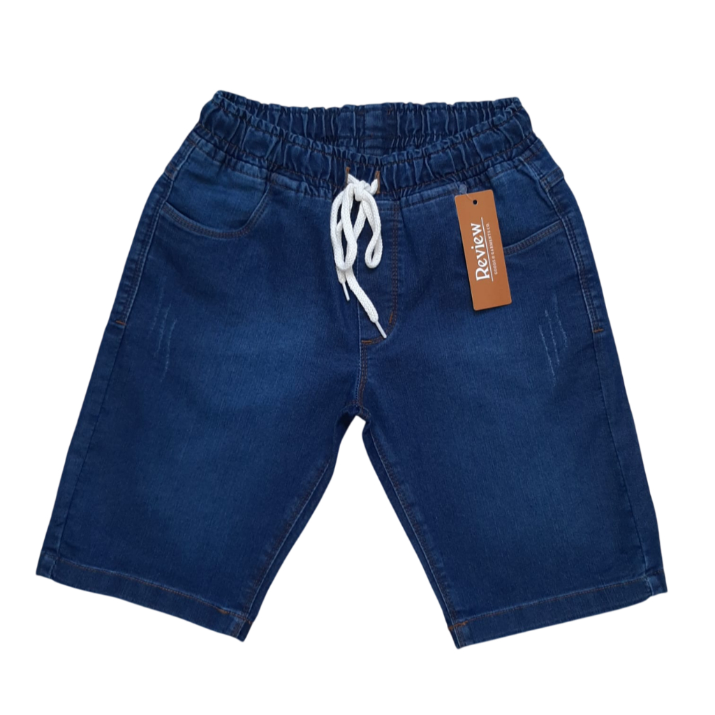 Bermuda Jeans Azul Escuro com Elastano Meninos com Elástico na Cintura e Cordão Tamanhos 10 ao 16