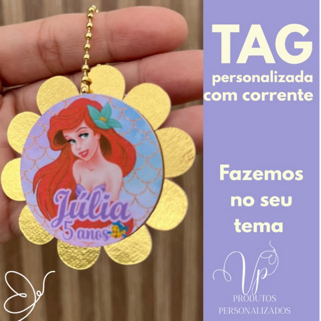TAG SEREIA ARIEL PEQUENA SEREIA APLIQUE efeito 3d correntinha na cor níquel - ESCOLHA SEU TEMA.