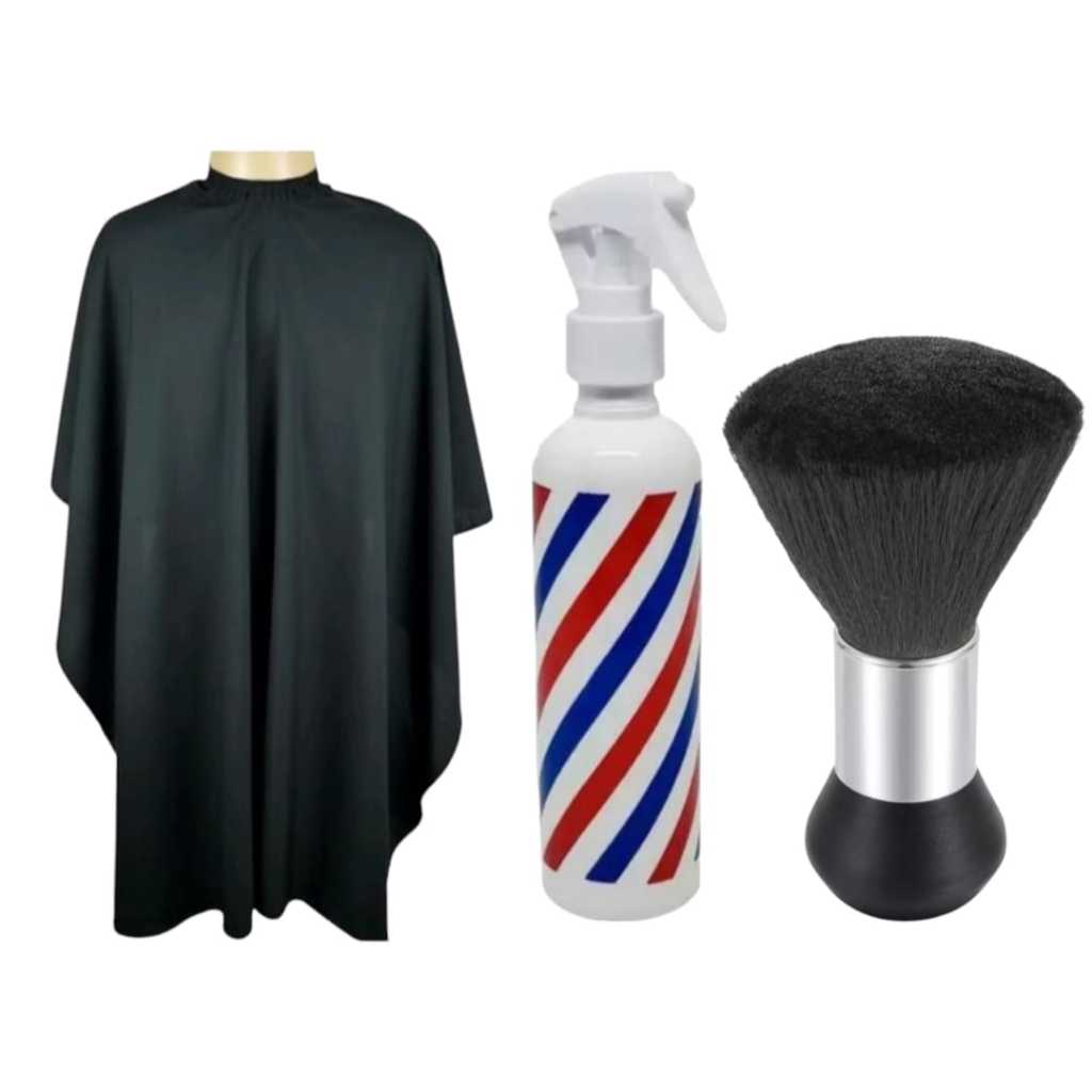 Kit Barbeiro Profissional - Capa de Corte + Borrifador + Pincel de Pescoço | Envio Imediato