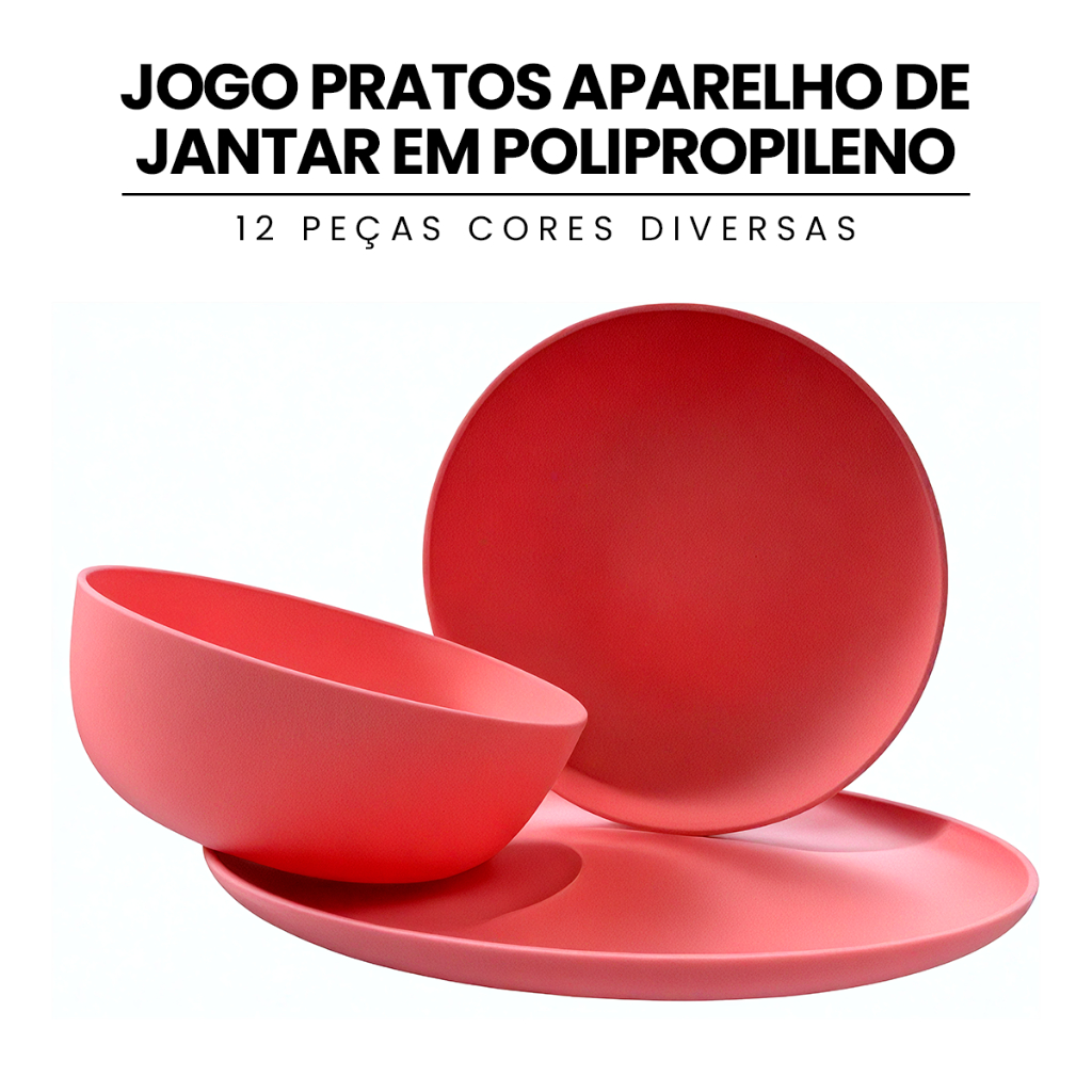 Jogo Pratos Aparelho De Jantar em Polipropileno Livre de BPA 12 Peças Cores Diversas