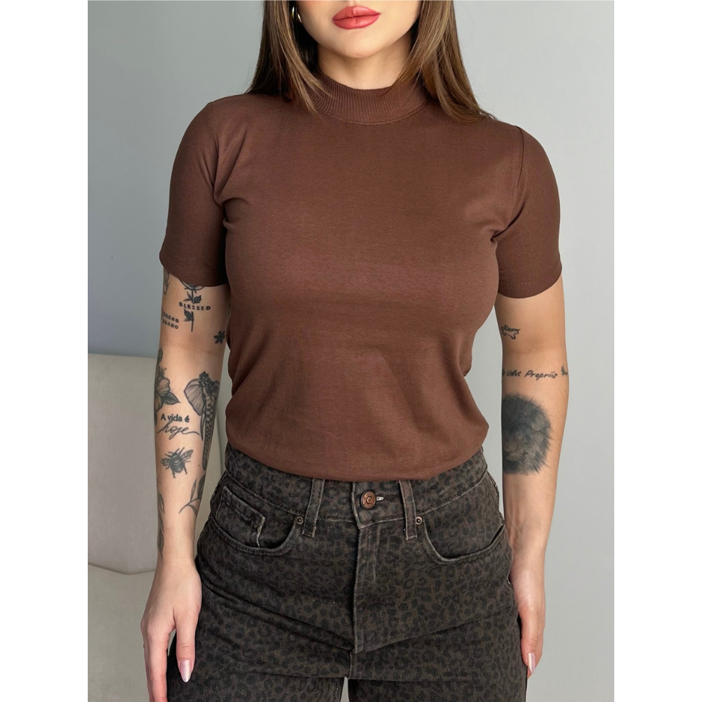 Blusas Gola Alta Manga Curta T-shirt Feminina Camiseta Básica Lisa 100% Algodão Premium