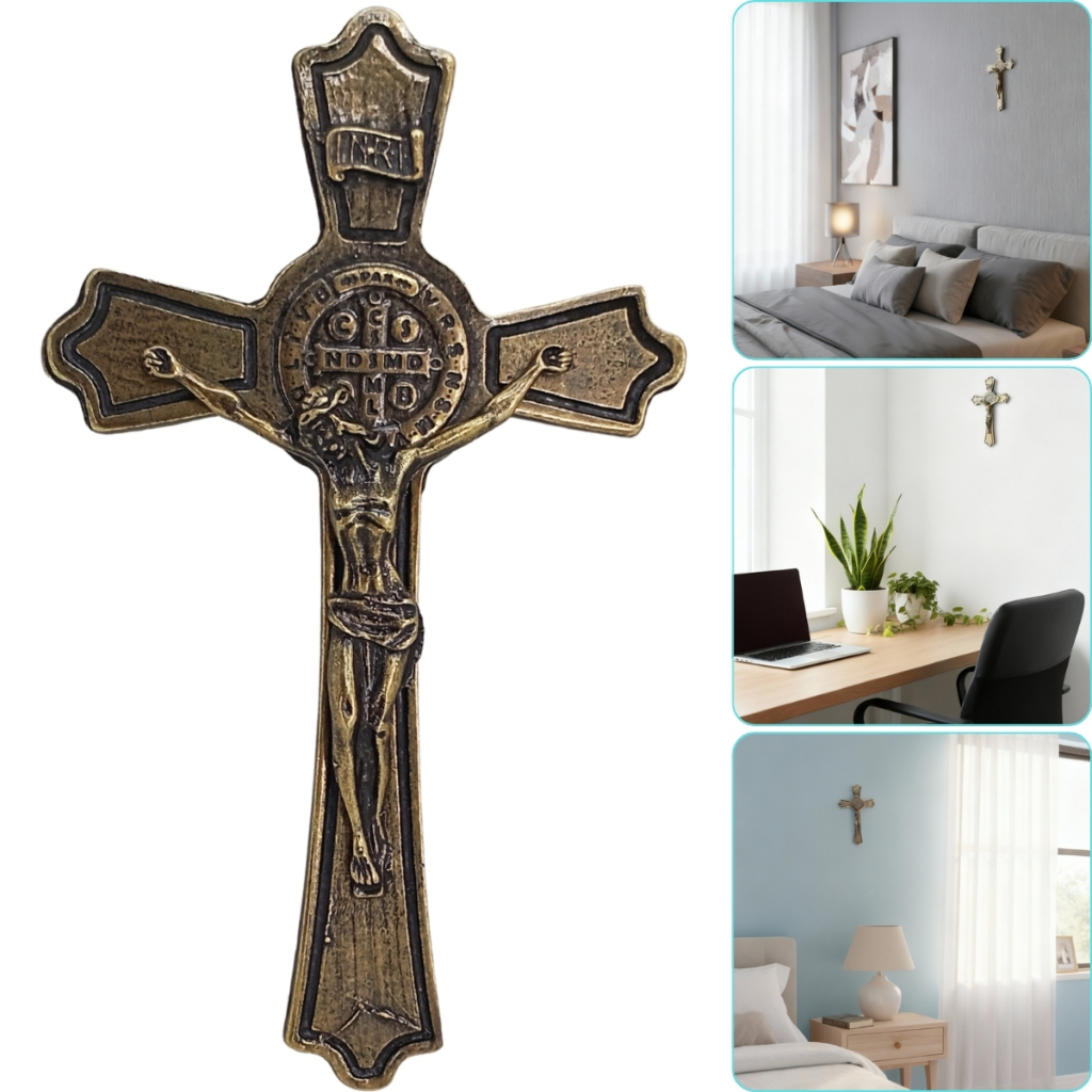 Crucifixo de Parede Jesus Cristo Com Medalhão de São Bento Feito em Metal Cor Prata Antigo ou Ouro Antigo