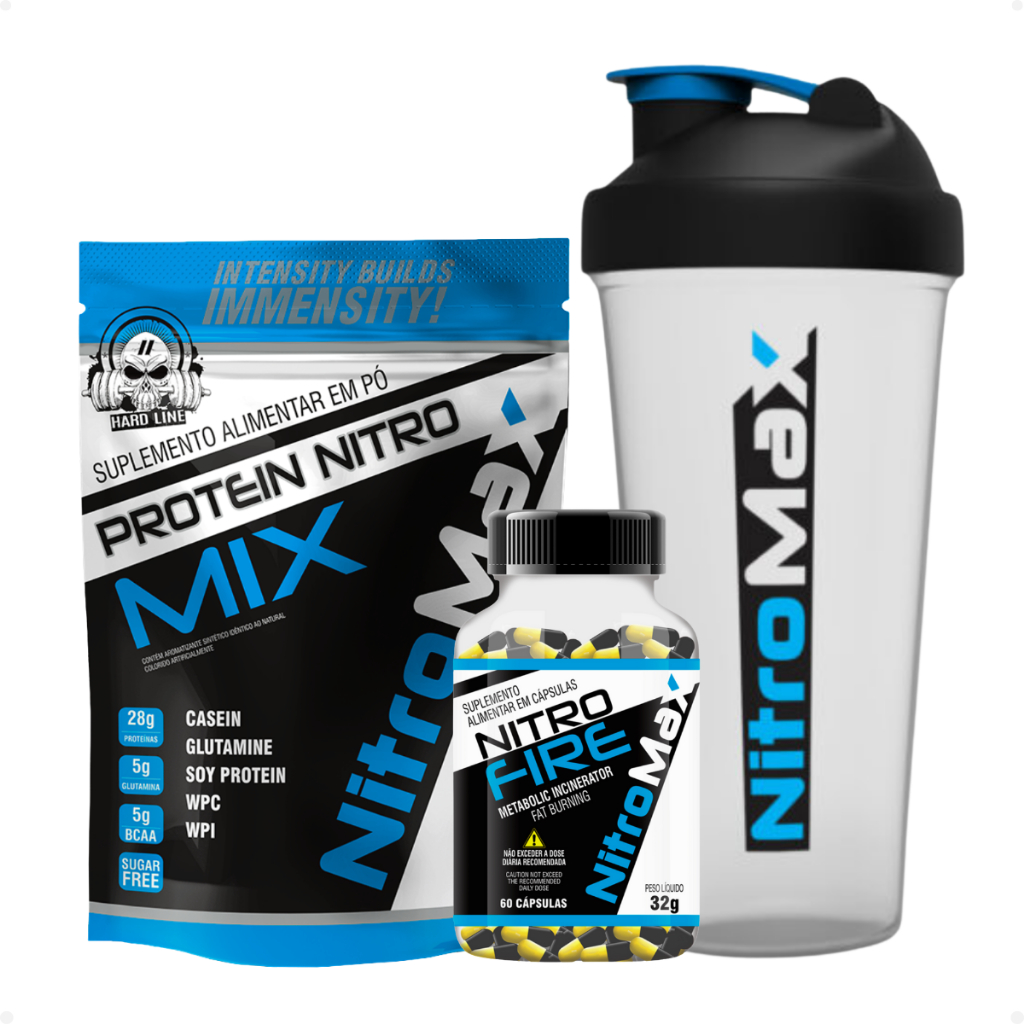 Kit 1 Protein Nitro 900g + 1 Nitro Fire 32g + Coqueteleira Hard Line 600Ml