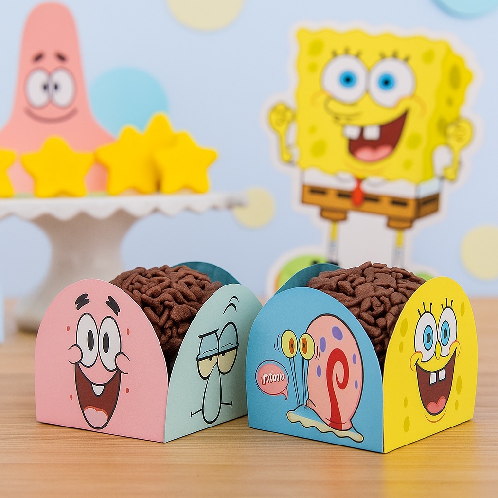 🎉🧽 Porta Forminhas para Doces – Bob Esponja 🧁 Deixe Sua Festa Infantil Alegre e Temática! em Oferta na Shopee