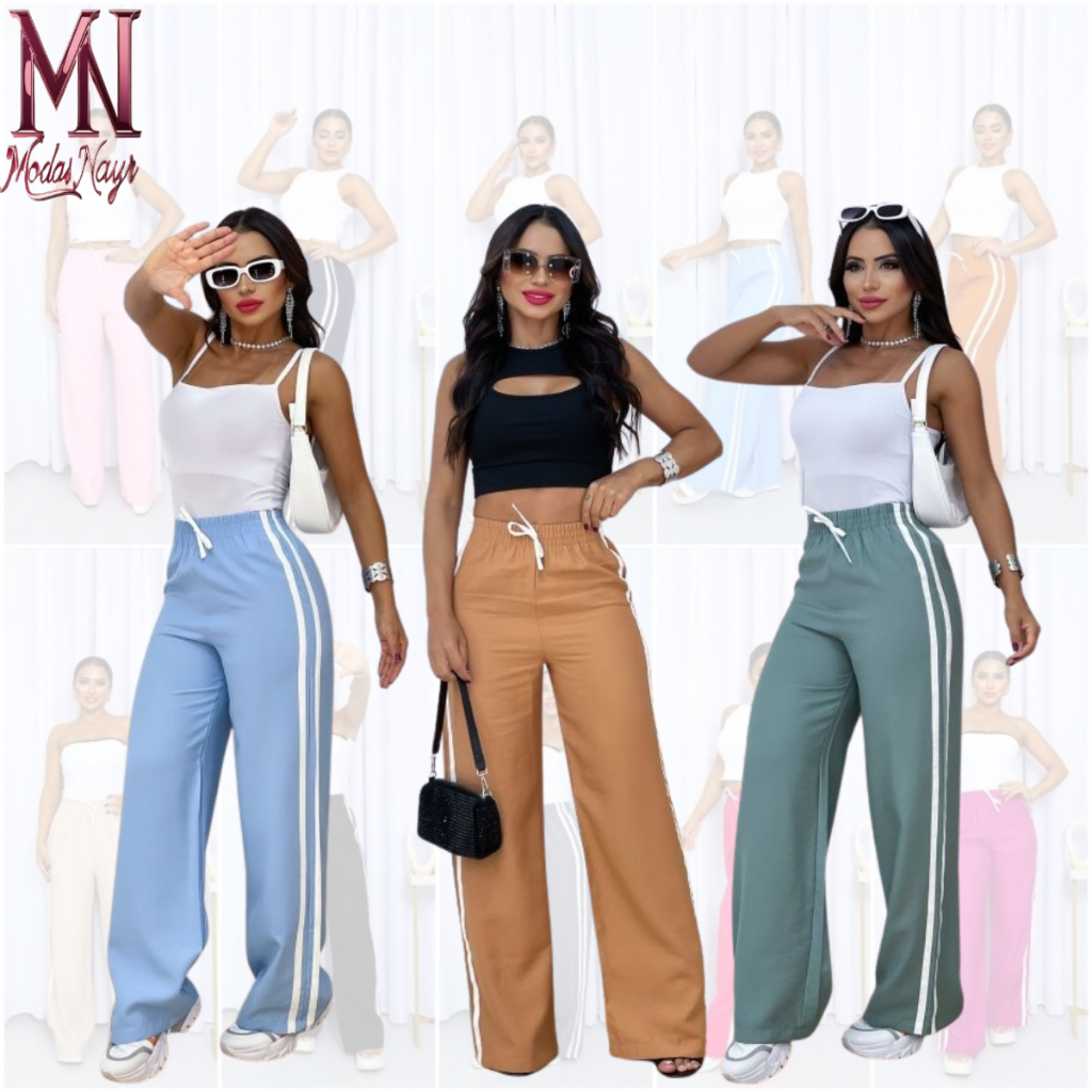 Calça Feminina Pantalona de Alfaiataria Duna Tendência com Listras Laterais em Oferta na Shopee