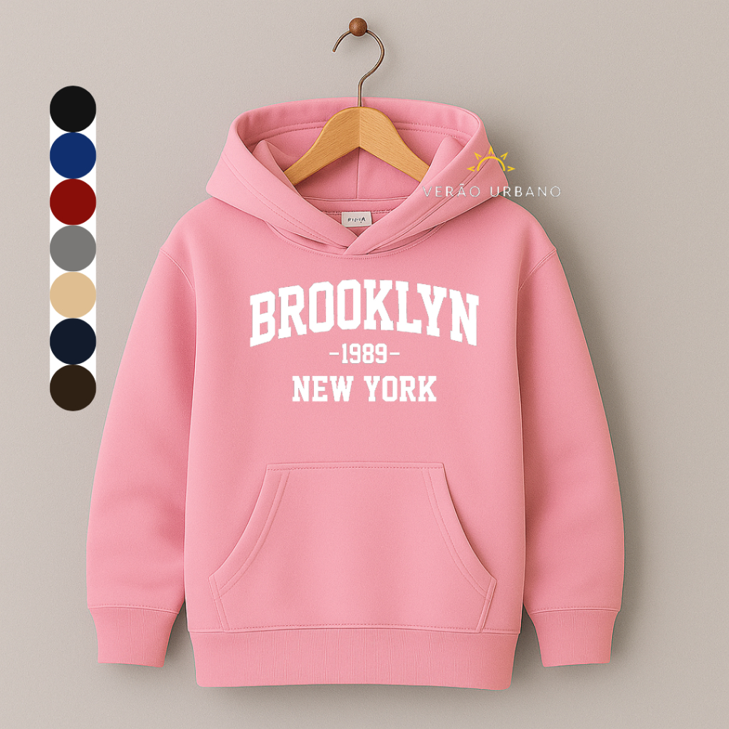 Moletom Infantil Flanelado Estampado "Brooklyn" Blusa de Frio com Capuz e Bolso Canguru Algodão