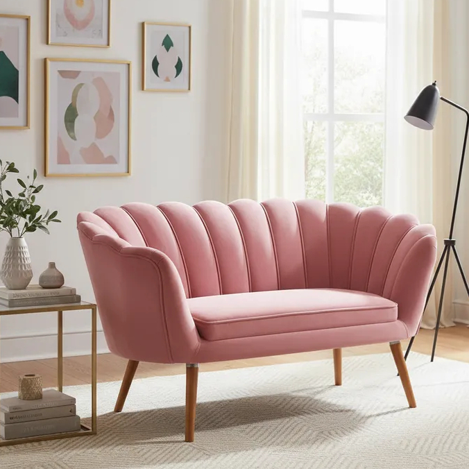 Namoradeira Sofa Pétala Girassol Conforto em Veludo e Pés em Madeira - MJL