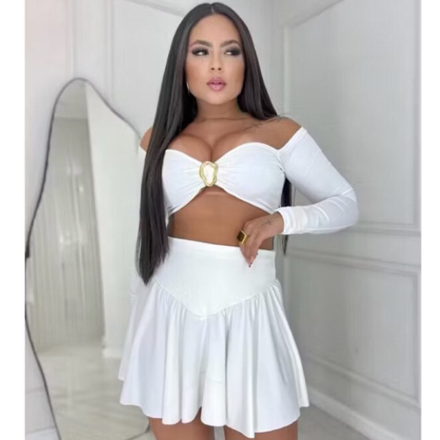 Conjunto Verão Summer  Cropped com Saia Godê Rodada