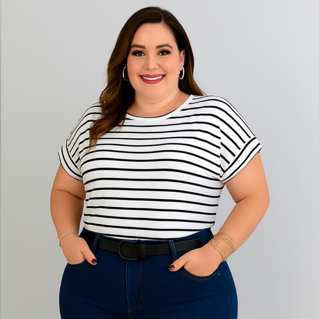 Blusa Feminina Plus Size Listrada Manga Dobrada Branco Camiseta T-shirt Baby Look Feminina Casual