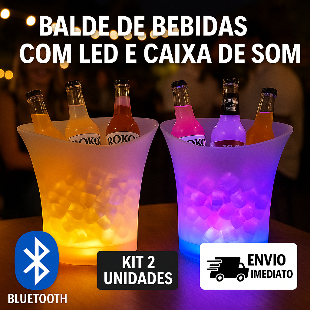 Kit 2 Baldes de Gelo LED RGB Bluetooth com Caixa de Som Grande 6,5 L Festa, Bar e Eventos