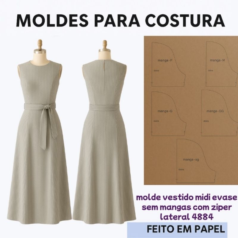 molde vestido midi evase sem manga com ziper lateral em Kraft para recorte 4884 em Oferta na Shopee