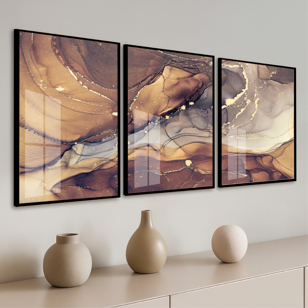 Quadro Moldura Vidro Kit 3 Peças Grandes Abstrato Mármore Marrom Decoração Quarto Sala Escritório