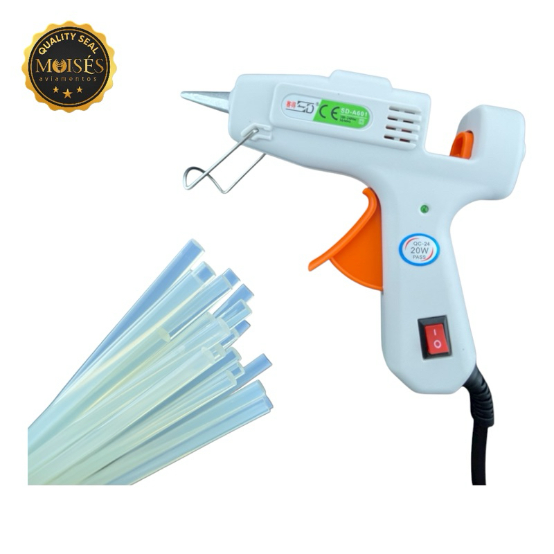 kit Pistola de Cola Quente Bivolt 110/220v Profissional 20W e 10 Tubo Cola de 7mm de 15cm Pronta para uso