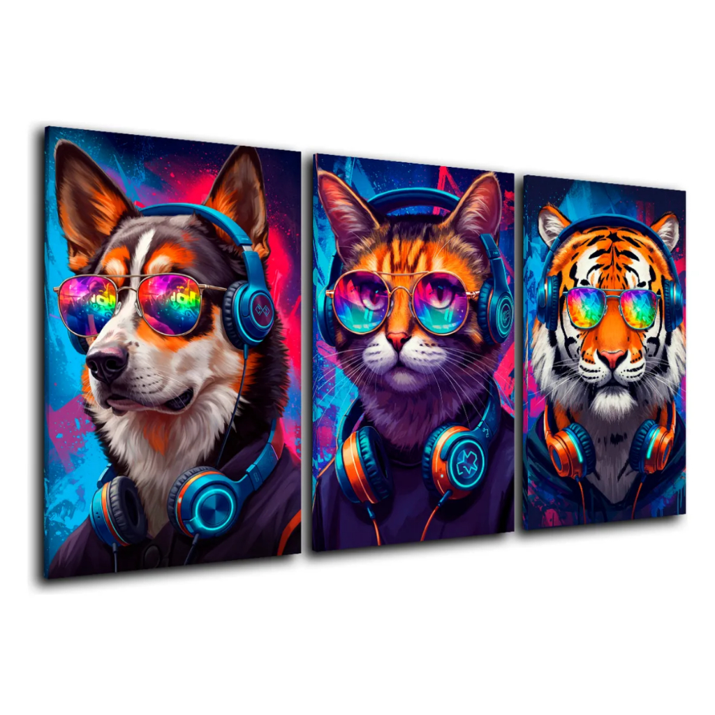 Kit Quadros Decorativos Animais Gato Gamer Neon Pet Fones Colorido
