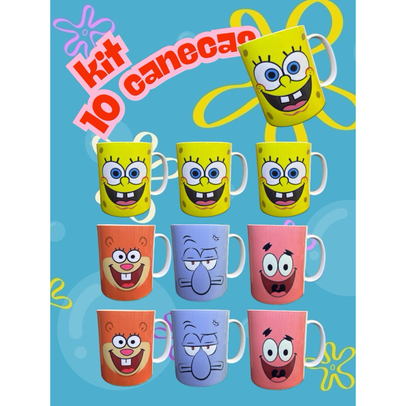 Kit 6/10/20 canecas Bob Esponja Polímero plástico NÃO QUEBRA aniversários lembranças presente atacado