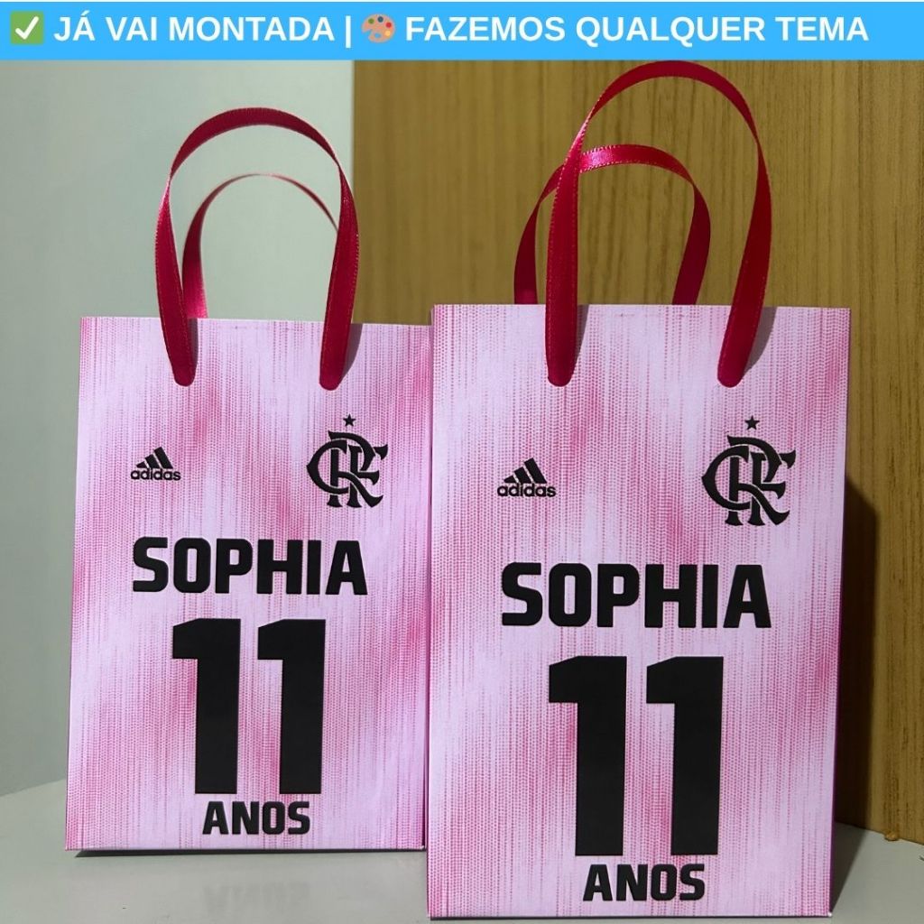 Sacolinha Personalizada Flamengo Rosa - Lembrancinha Aniversário Festa Infantil 17,5x10x4
