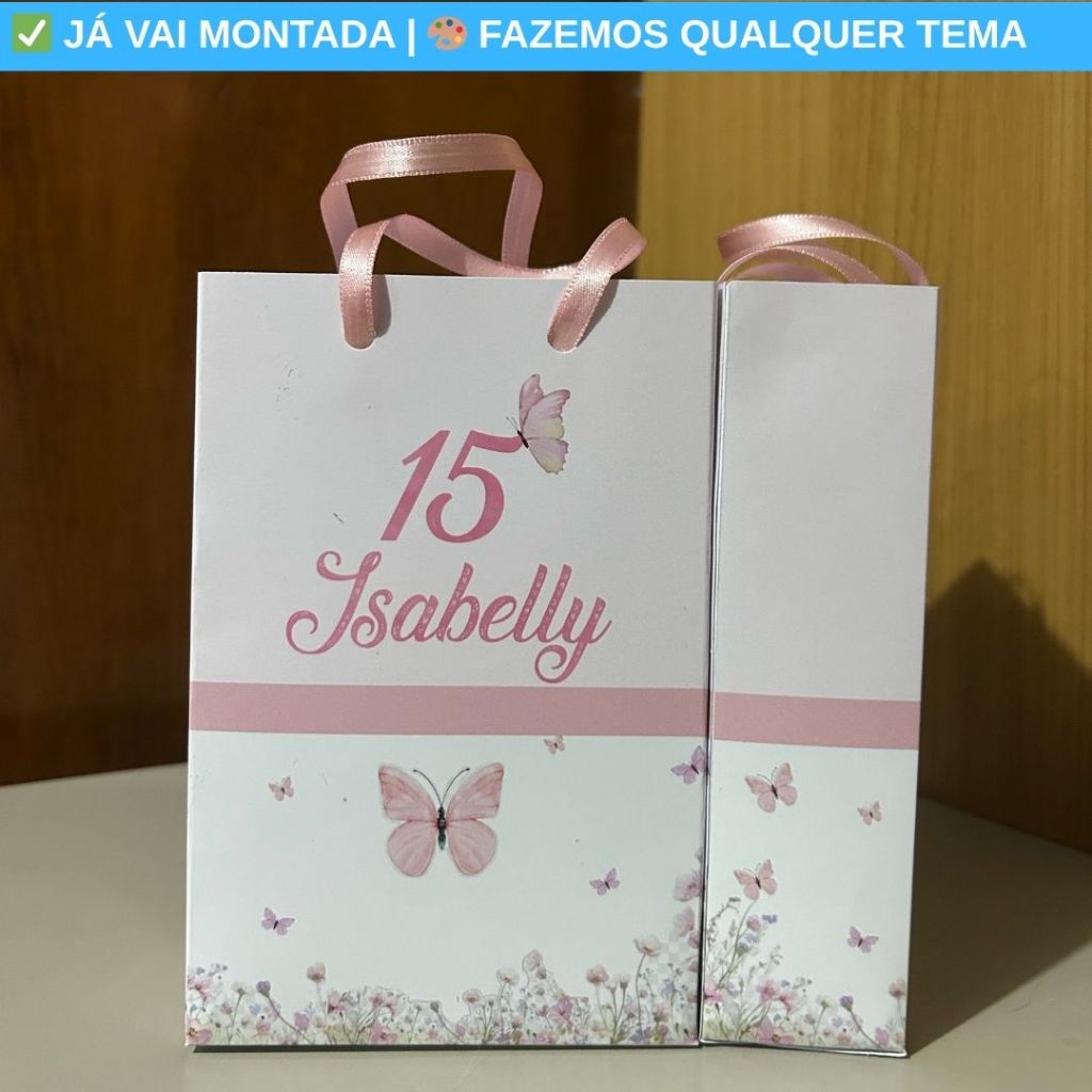 Sacolinha Surpresa Personalizada Festa XV 15 Borboletas Rosa anos Infantil Lembrancinha Aniversário