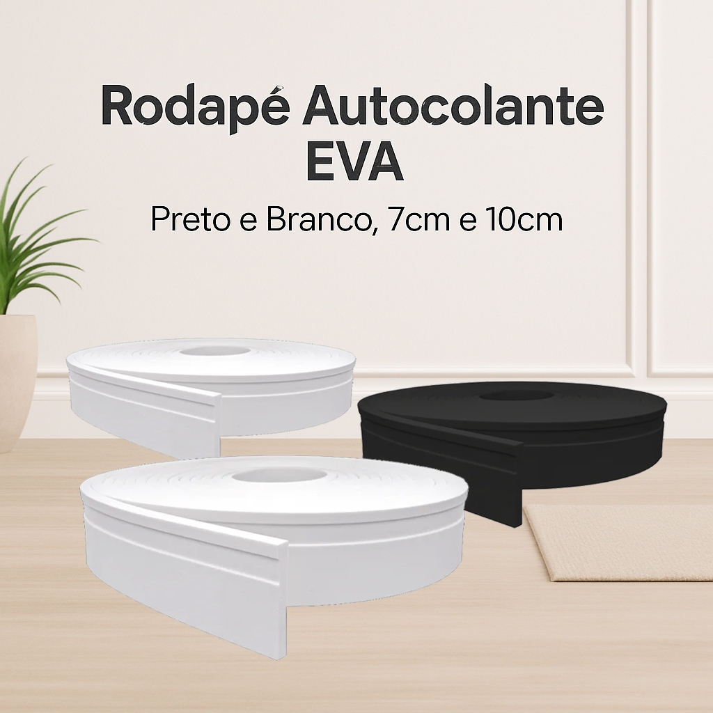 Rodapé EVA Autocolante RP16 Rolo 10 metros Meu Rodapé Branco e Preto  Fácil Instalação e Decoração