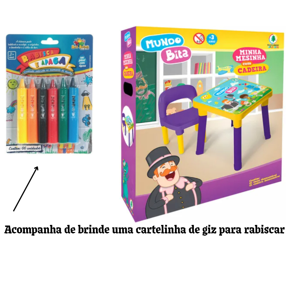Mesinha Infantil Mundo Bita com Cadeira + Brinde Giz Colorido | Mesa para Crianças Estudar, Desenhar e Brincar | Mesinha