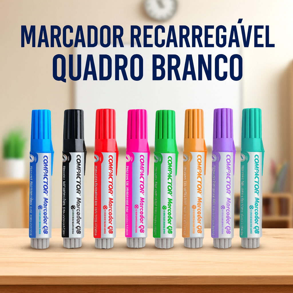 Pincel Marcador de Quadro Branco Compactor Recarregável QB 8 Cores