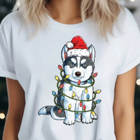 Camisa Feminina T-Shirt Básica Dog Pastor Alemão Fofo com Pisca Pisca Especial de Natal Camiseta Manga Curta Verão