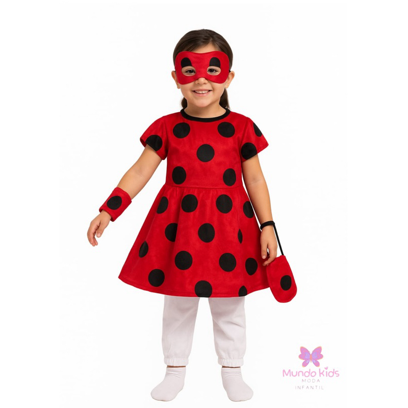 Fantasia lady bug vestido com mascara infantil (joaninha)obs: sem luvas em Oferta na Shopee