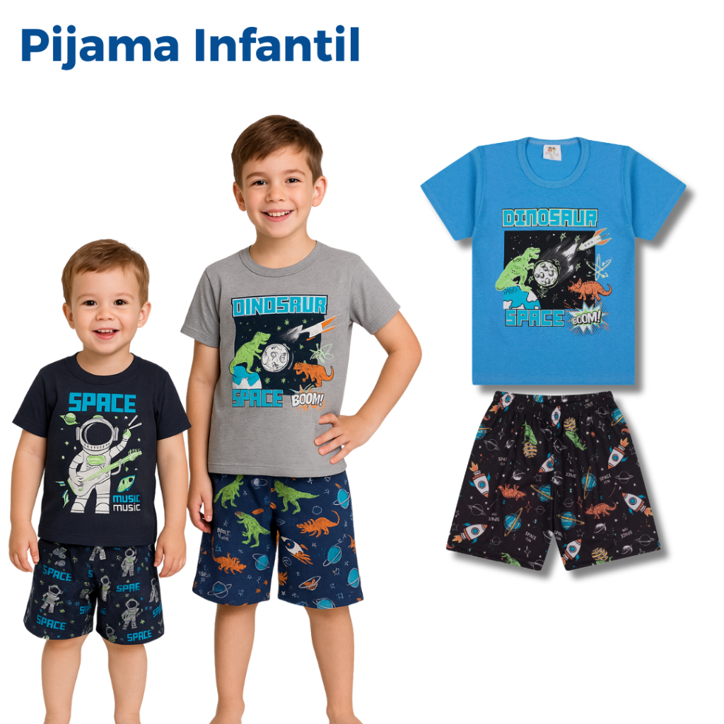 Pijama BRILHA NO ESCURO Infantil Menino Verão Astronauta e Dinossauro em Oferta na Shopee