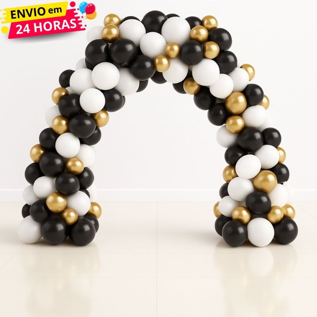 Kit 125 Balões Para Arco Latex e Cromado - Tema Preto Branco e Dourado Decoração Aniversário Eventos