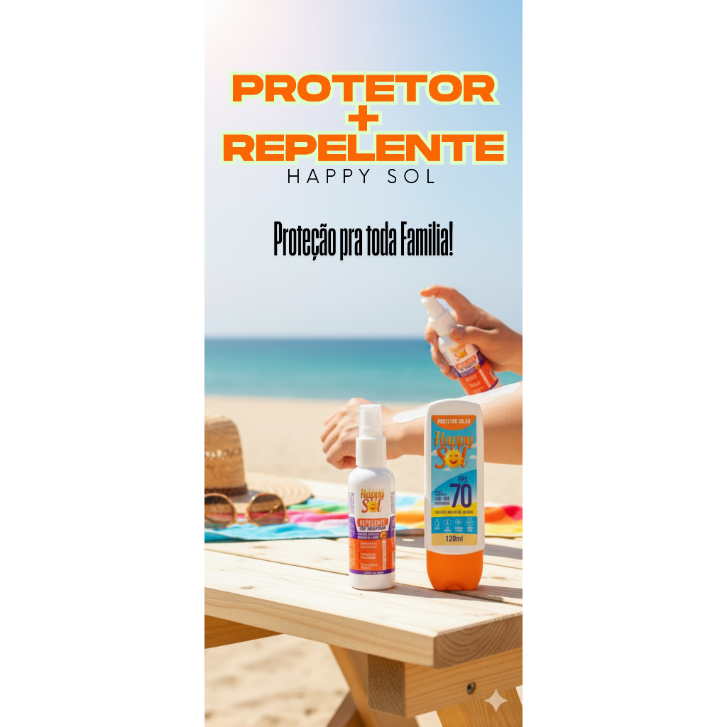 Kit Protetor Solar FPS 70 + Repelente 9H 120ml Proteção Sol e Insetos Toque Seco Rosto Corpo